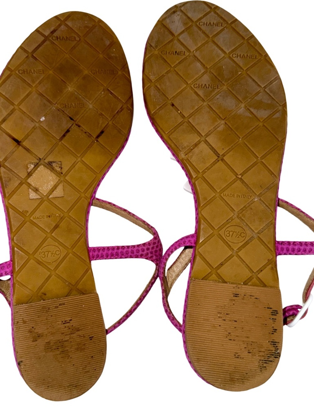CHANEL FUCHSIA T-STRAP SANDALS WITH  WHITE CC LOGO MEDALLION - Picture 9 of 10